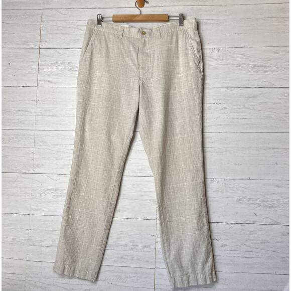 J Crew Pants Mens Size W 36 X L 32 Tan & White Plaid Straight Leg Linen Blend - Picture 1 of 16